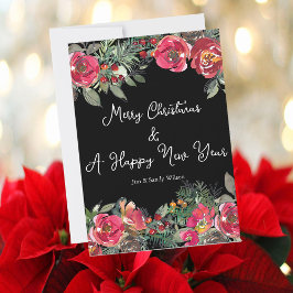 Eleganta röda julblommor på svart bakgrund julkort