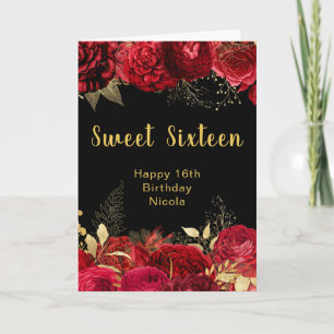 Eleganta röda och gyllene blommor Sweet Sixteen Kort