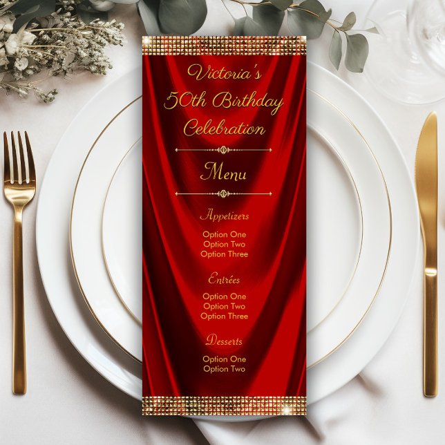 Eleganta röda och gyllene födelsedagsfestmenyer inbjudningar (Elegant red gold any occasion menu or program. Simply add your details.)