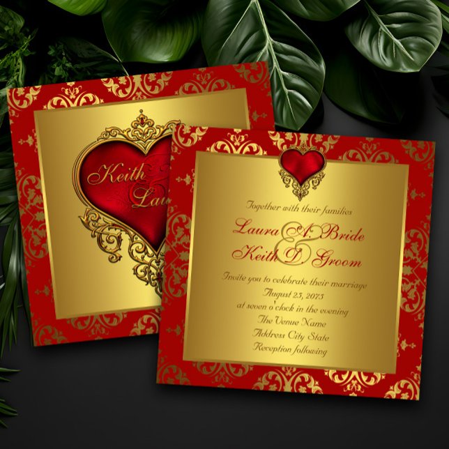 Eleganta röda och gyllene hjärtformade bröllopsinb inbjudningar (Beautiful red and gold heart wedding and any occasion invitation. Simply add your event details.)