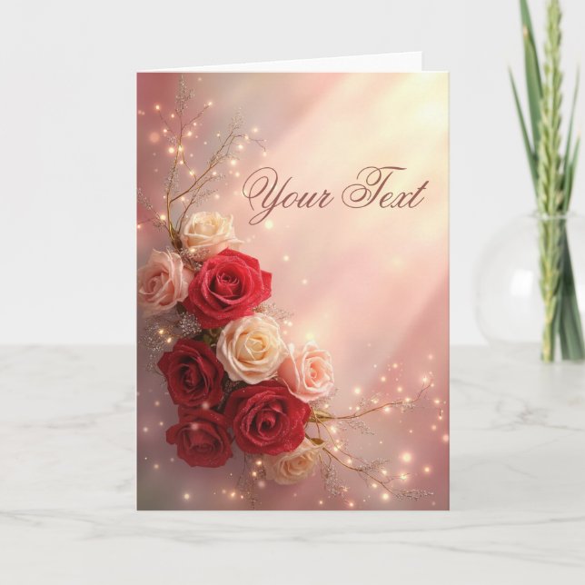 Eleganta röda och rosa fantasibröllopsrosor kort (Framsida)