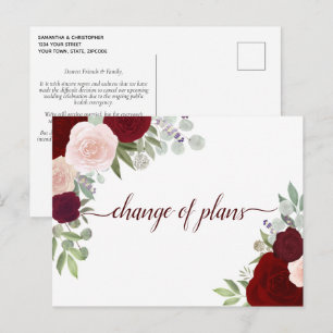 Eleganta röda och rosa rosor Ändrade bröllopsplane Meddelande Vykort