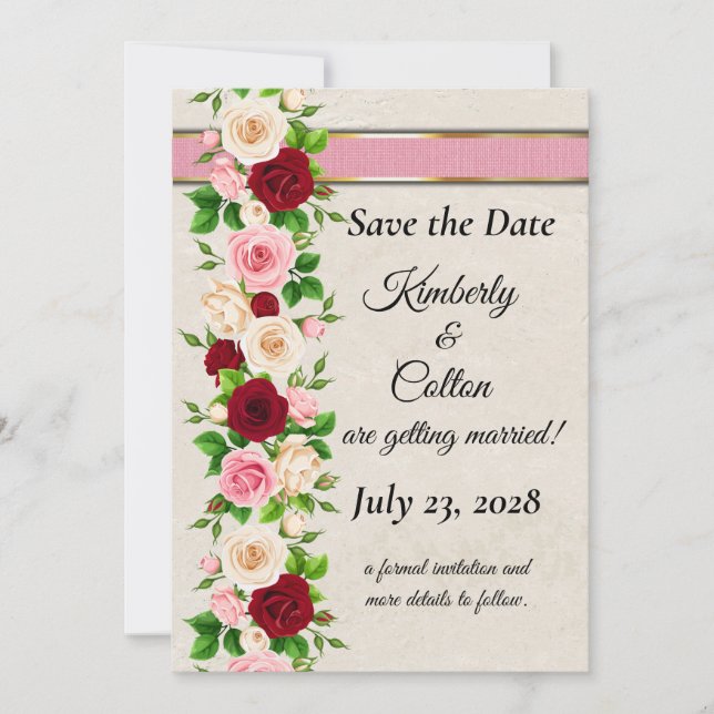 Eleganta röda och rosa rosor med guldbröllop inbjudningar (Framsida)