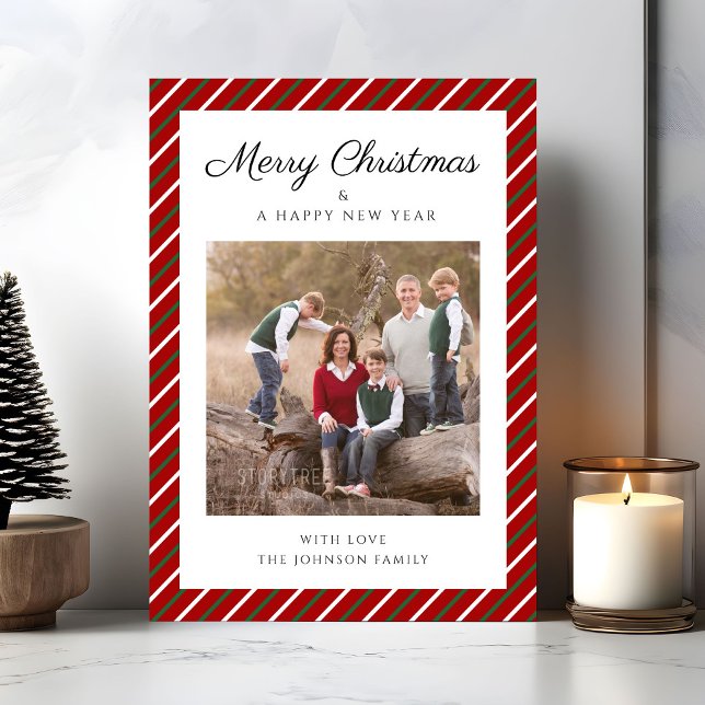 Eleganta röda ränder Foto jul Julkort (Elegant Red Stripes Photo Christmas Holiday Card)
