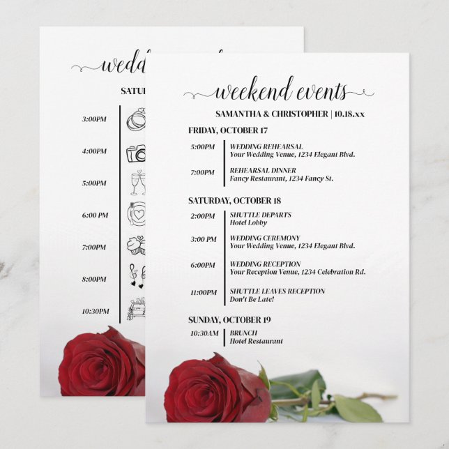 Eleganta röda rosbröllopsevenemang & tidslinje program (Fram/baksida)