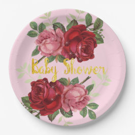 Eleganta, röda rosor, baby shower, pappers tallrik