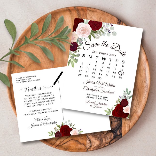 Eleganta röda rosor Bröllop Spara datum kalender Meddelande Vykort (Skapare uppladdad)