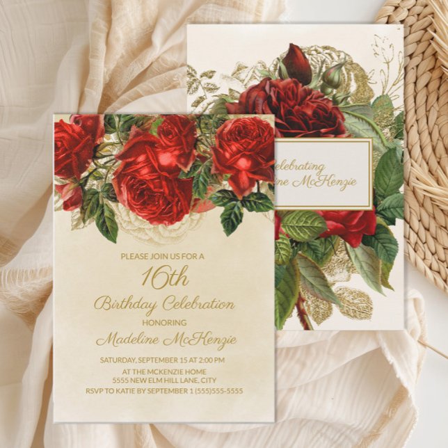 Eleganta röda rosor Champagne 16-årsdag Inbjudningar (Elegant red roses on cream 16th birthday party invitation)