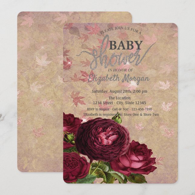 Eleganta röda rosor fallande blad Baby Shower  Inbjudningar (Fram/baksida)