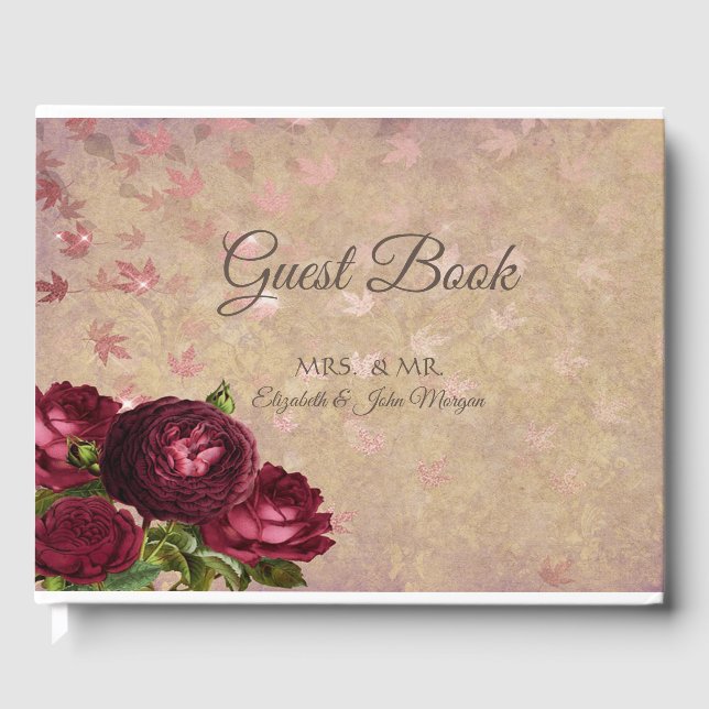 Eleganta röda rosor fallande blad bröllop gästböcker (Framsida)