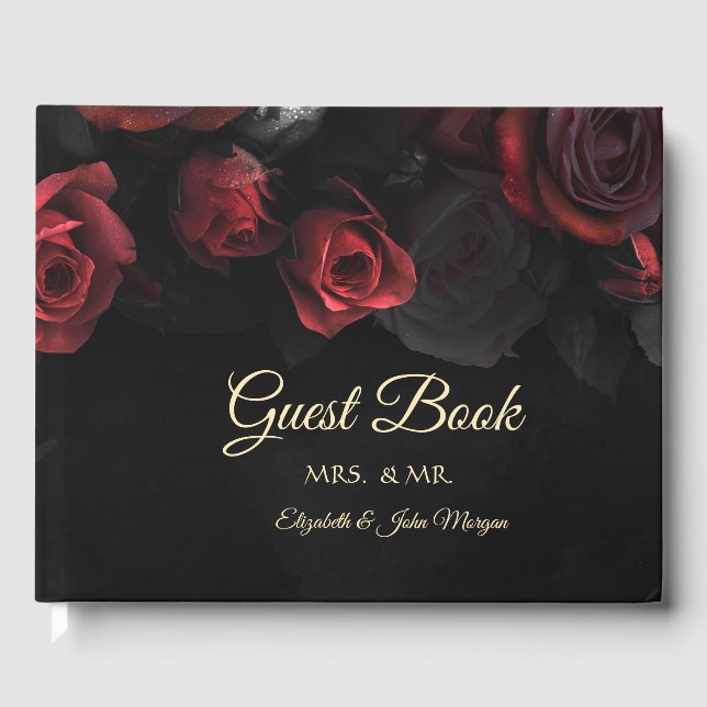 Eleganta röda rosor gotiskt bröllop gästböcker (Framsida)