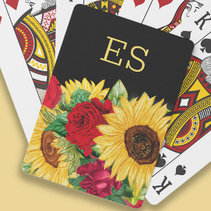 Eleganta röda rosor gula solrosor svart monogram casinokort