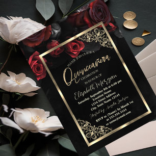 Eleganta röda rosor Guld ram Svart Quinceañera Inbjudningar