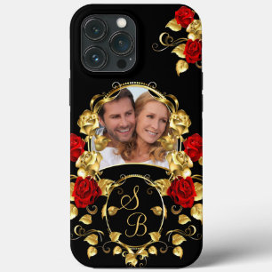 Eleganta röda rosor guld svart foto monogram