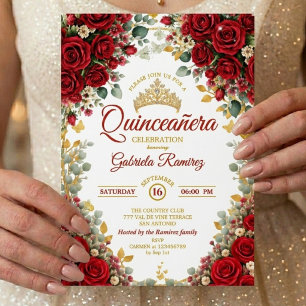 Eleganta röda rosor gyllene fjärilar Quinceañera Inbjudningar