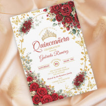 Eleganta röda rosor gyllene fjärilar Quinceañera