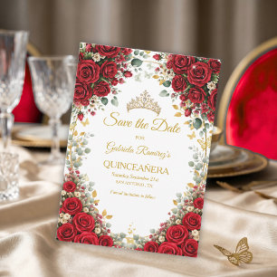 Eleganta röda rosor gyllene fjärilar Quinceañera Spara Datumet