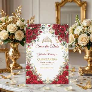 Eleganta röda rosor gyllene fjärilar Quinceañera Spara Datumet