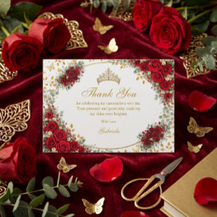 Eleganta röda rosor gyllene fjärilar Quinceañera Tack Kort