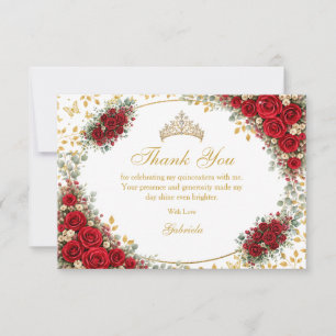 Eleganta röda rosor gyllene fjärilar Quinceañera Tack Kort
