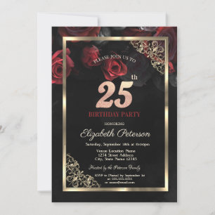 Eleganta röda rosor inramar svart 25-årsdag inbjudningar