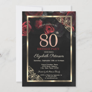 Eleganta röda rosor inramar svart 80-årsdag inbjudningar