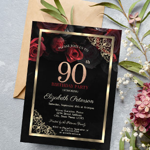 Eleganta röda rosor inramar svart 90-årsdag inbjudningar