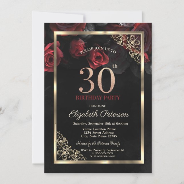 Eleganta röda rosor inramar svarta 30-årsdagen inbjudningar (Framsida)