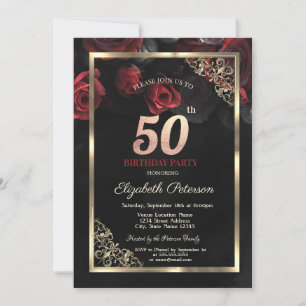 Eleganta röda rosor inramar svarta 50-årsdagen inbjudningar
