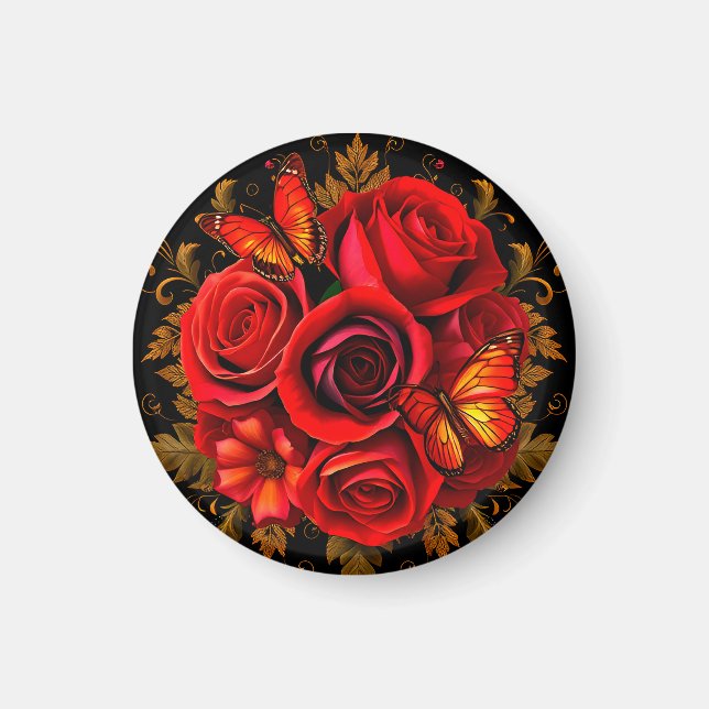 Eleganta röda rosor med fjärilar magnet (Framsidan)