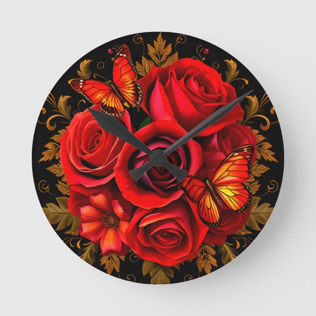 Eleganta röda rosor med fjärilar rund klocka (Framsida)
