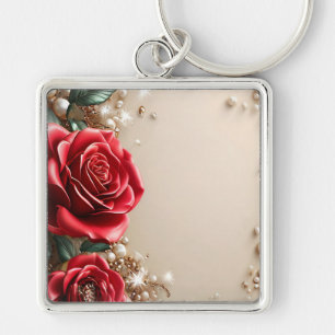 Eleganta röda rosor med gyllene ornament fyrkantig silverfärgad nyckelring