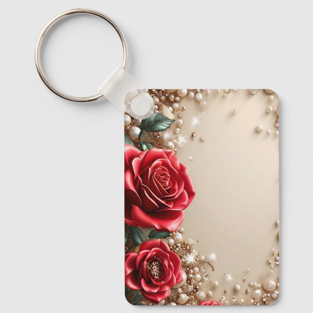 Eleganta röda rosor med gyllene ornament nyckelring (Framsida)