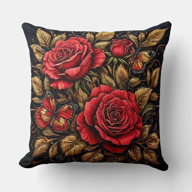 Eleganta röda rosor och fjärilar kudde (Framsida)
