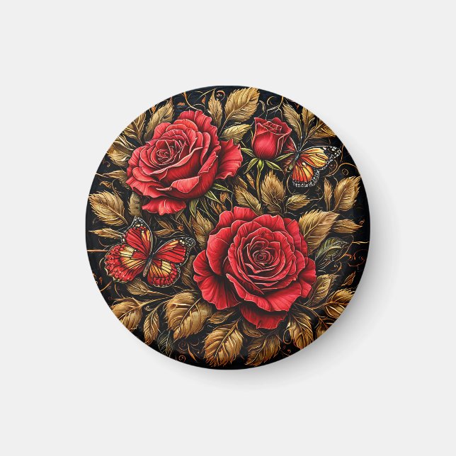 Eleganta röda rosor och fjärilar magnet (Framsidan)