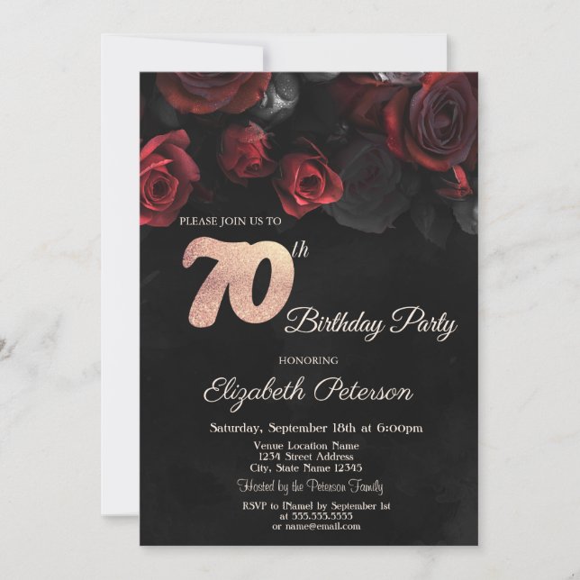 Eleganta röda rosor på svart 70-årsfest inbjudningar (Framsida)