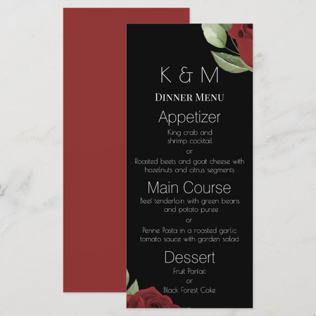 Eleganta röda rosor på svart meny (Fram/baksida)