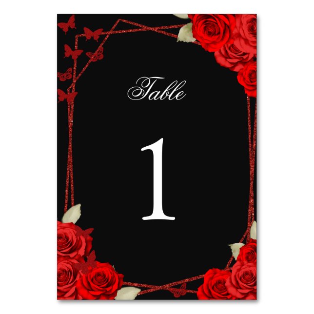 Eleganta röda rosor Quinceanera bordskort (Framsidan)