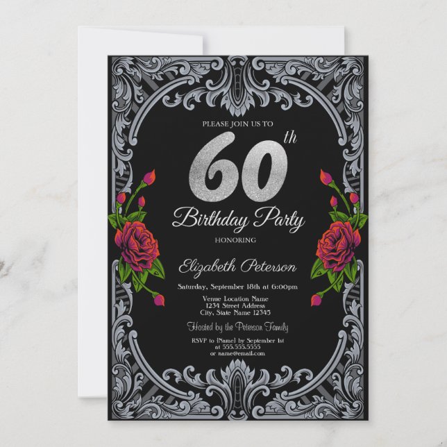 Eleganta röda rosor ränder gotisk 60-årsdag inbjudningar (Framsida)