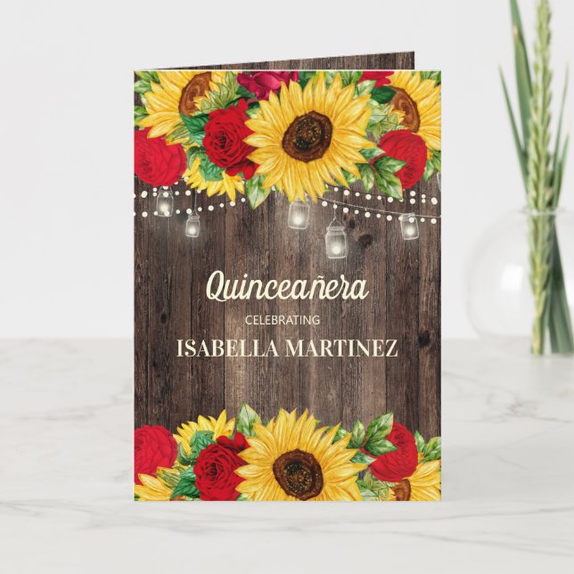 Eleganta röda rosor solrosor Quinceañera  Kort (Framsida)