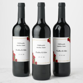 Eleganta röda rosor Spansk bröllopsvin Vinflaska Etikett