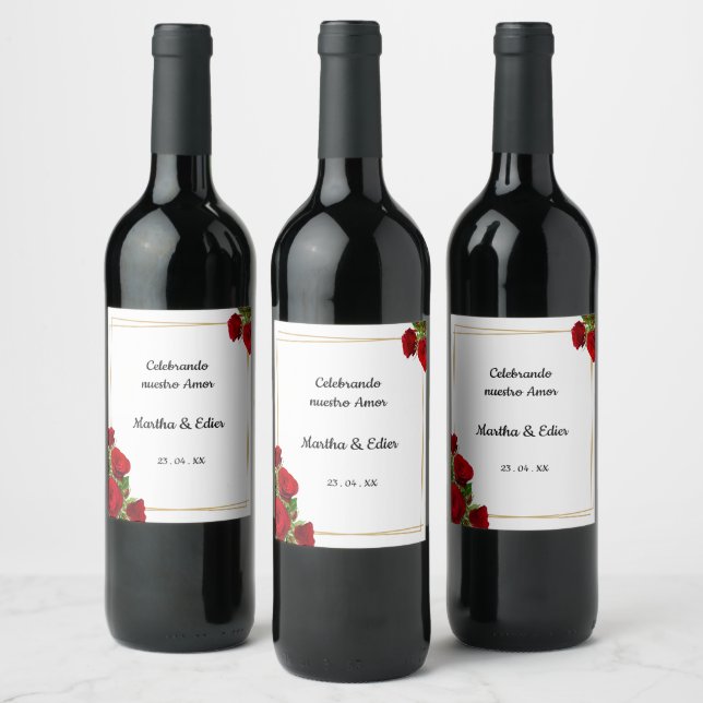 Eleganta röda rosor Spansk bröllopsvin Vinflaska Etikett (Flaskor)