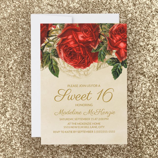 Eleganta röda rosor Tan Sweet 16 födelsedag  Inbjudningar (Skapare uppladdad)