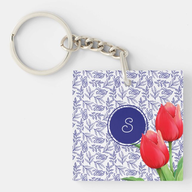 Eleganta röda tulpaner vår blomster blå monogram (Framsidan)