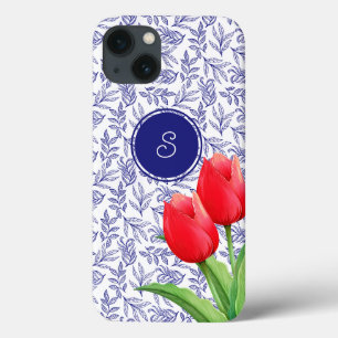 Eleganta röda tulpaner vårblommor blå monogram
