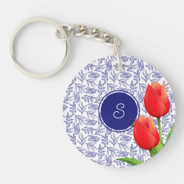Eleganta röda tulpaner vårblommor blå monogram (Framsidan)