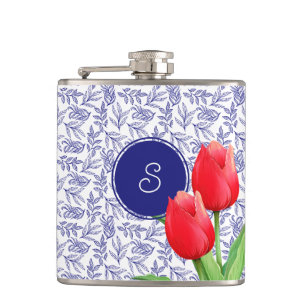 Eleganta röda tulpaner vårblommor blå monogram fickplunta