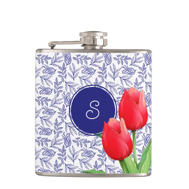 Eleganta röda tulpaner vårblommor blå monogram fickplunta (Framsidan)