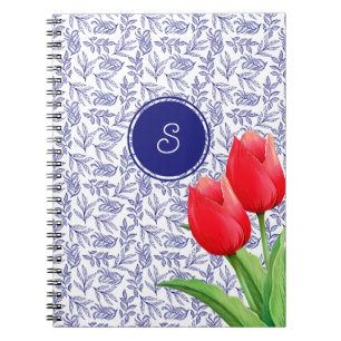 Eleganta röda tulpaner Vårblommor Blått monogram Anteckningsbok