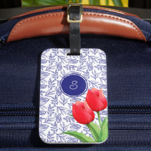 Eleganta röda tulpaner Vårblommor Blått monogram Bagagebricka
